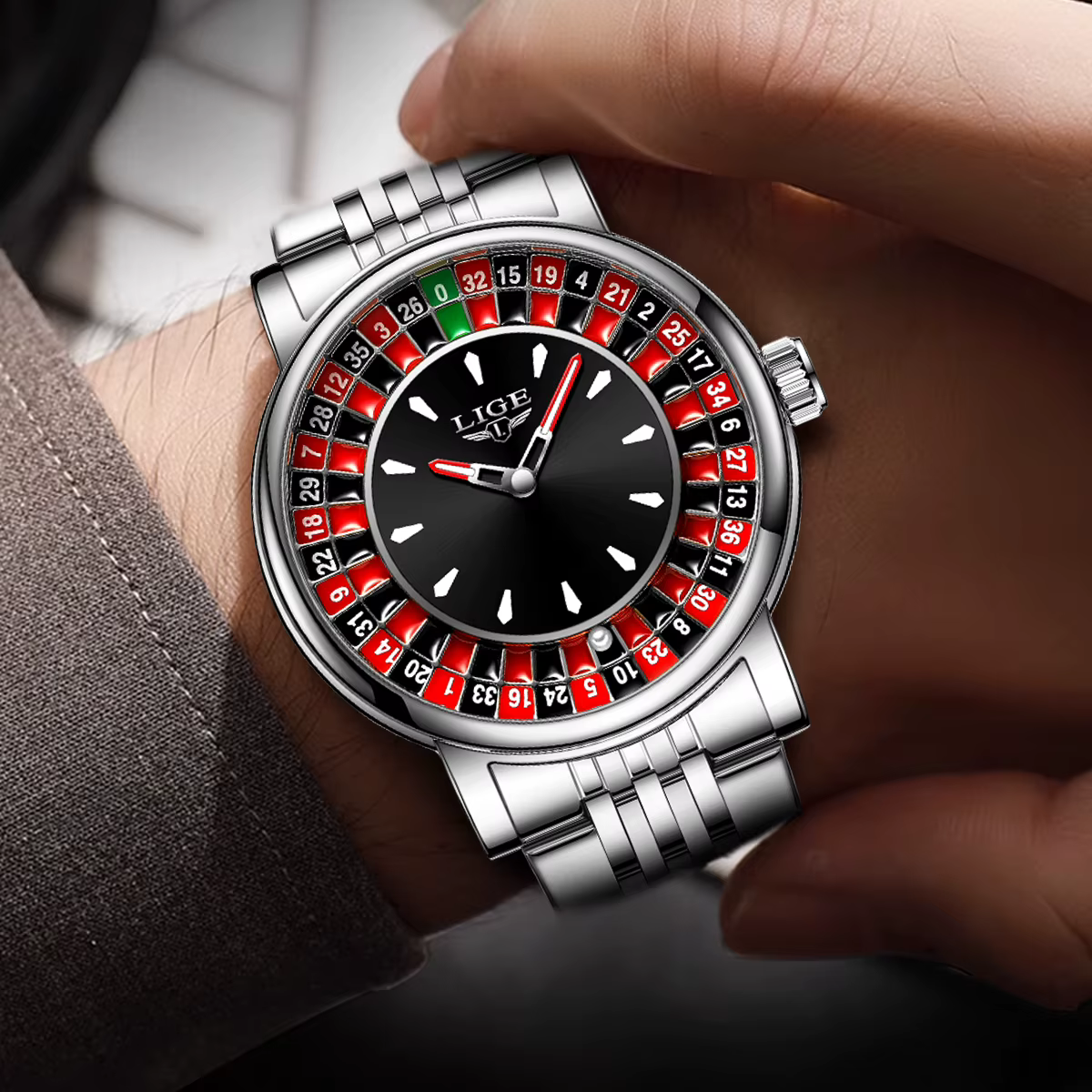 Montre Homme LIGE Tendance en Cuir Marron avec Cadran Rotatif Thème Roulette de Las Vegas