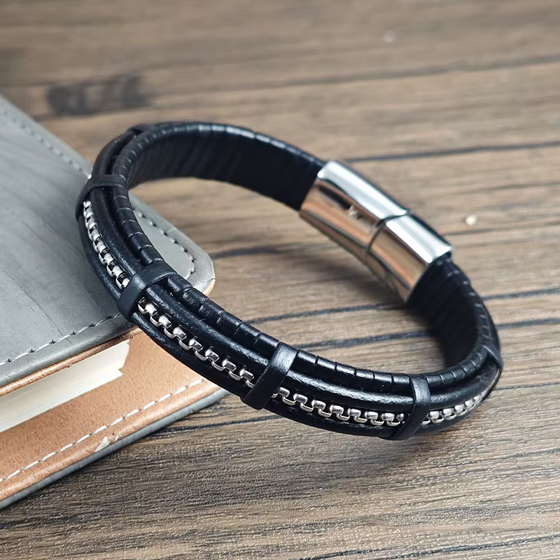Bracelet en cuir et acier inoxydable pour homme