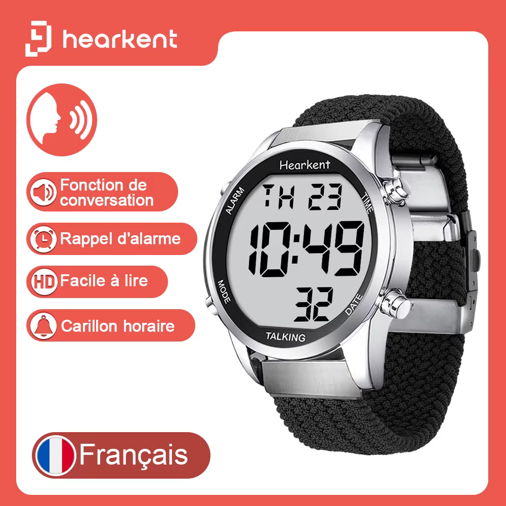 Montre parlante Hearkent en français pour personnes aveugles avec alarme