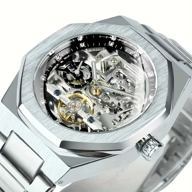 Montre mécanique automatique de luxe pour homme, design hexagonal unique et élégant, bracelet en acier inoxydable, cadeau idéal pour lui, montre de luxe pour homme |   Bracelet à la mode |   Cadran tr