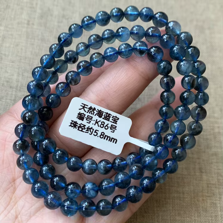 Bracelet en Aigue-marine Bleu Profond Naturel pour Femme, 3 Tours, Perles Rondes Transparentes, 5.8mm, Bijoux Commandés au Brésil, Uto Uto AA
