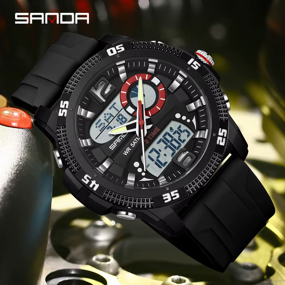 SANDA mode luxe hommes montres double affichage numérique Sport analogique Quartz homme montre-bracelet décontracté étanche silice chronographe
