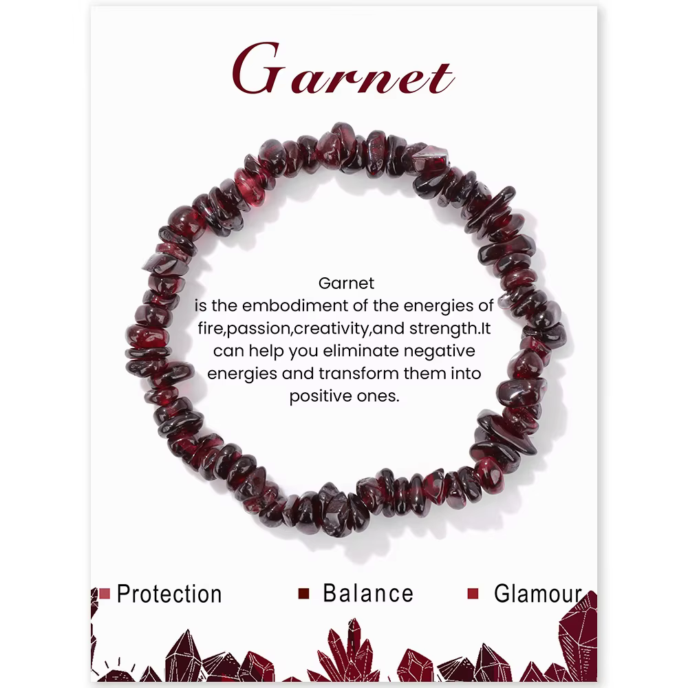 Bracelets de perles de grenat rouge naturel pour femmes et hommes, puce irrégulière, gravier, pierres de quartz rondes, avec carte, bijoux