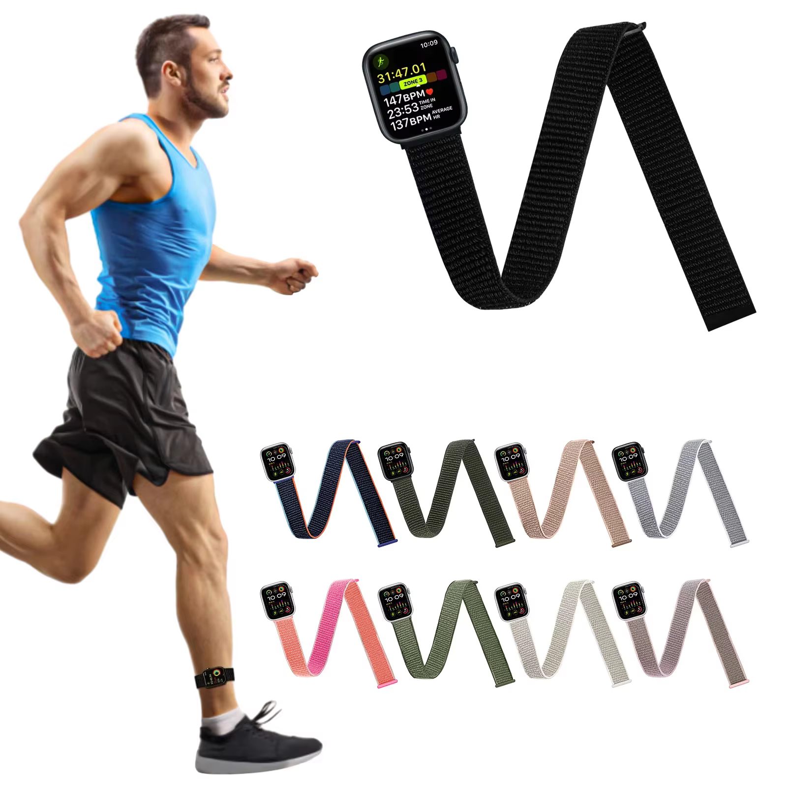 Bracelets de sport pour cheville/bras compatibles avec Apple Watch 49mm 45mm 44mm 42mm 41mm 40mm 38mm