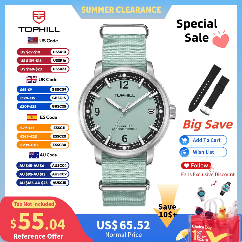 TOPHILL – montre-bracelet à Quartz pour hommes, Vintage, Simple, 42mm, Epson VX62E, saphir, 3H, Date, 5 bars, décontractée, C3, lumineuse, 5 bars, TD009G