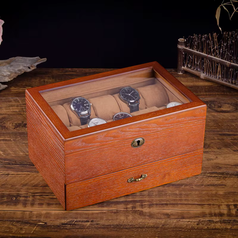 Boîte de montre en bois massif avec anneau de verrouillage