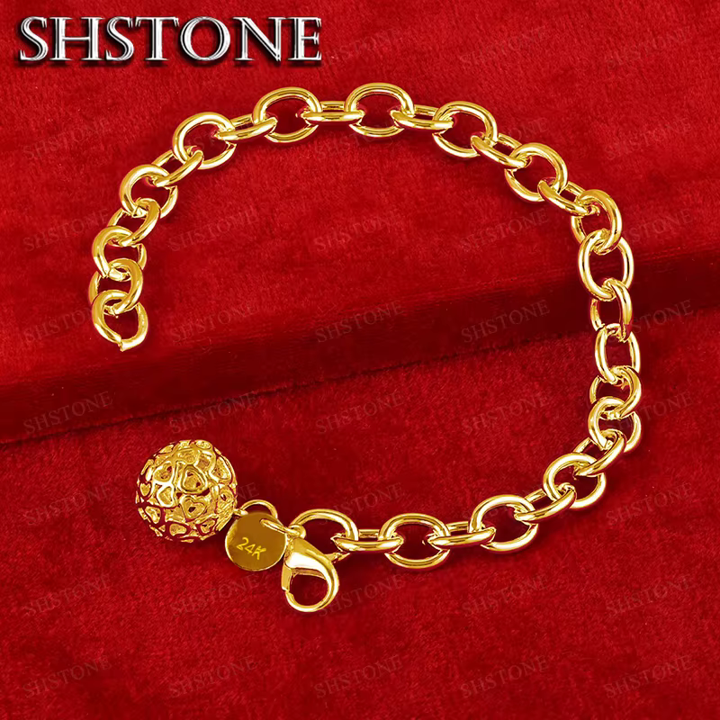 Bracelet en or 18 carats, bracelet à billes rondes creuses, chaîne de main pour femmes, bijoux fins pour fêtes et mariages, cadeaux