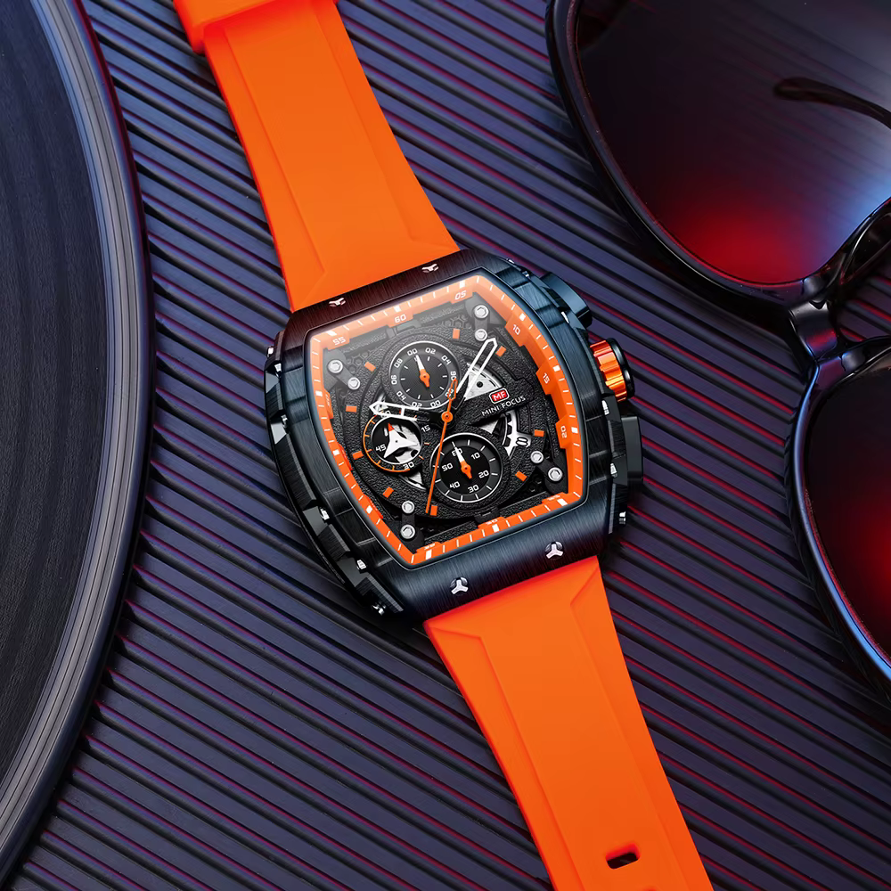 MINI FOCUS chronographe montre à Quartz pour hommes cadran Tonneau montre-bracelet de Sport militaire mâle avec bracelet en Silicone Orange Date automatique