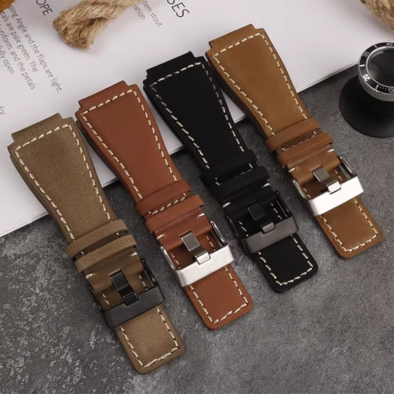 Pour Bell Ross B & R BR-01 BR-03 Hommes Bracelet de montre en cuir véritable Cirhide 35-24mm convexe silicone