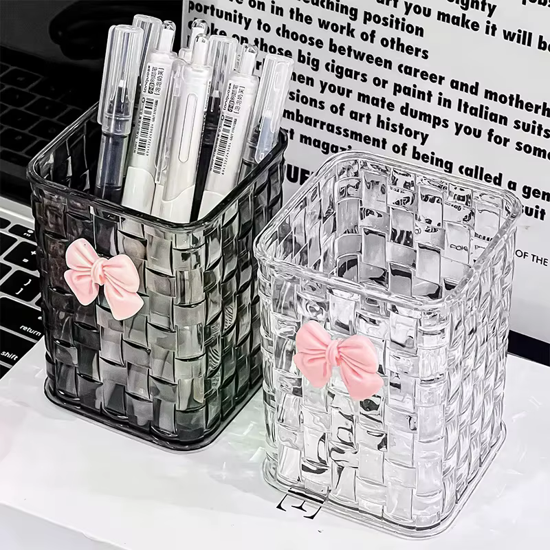 Porte-stylo et boîte de rangement pour bureau, avec décoration en forme de nœud et panier de rangement, adapté au stockage des fournitures de bureau