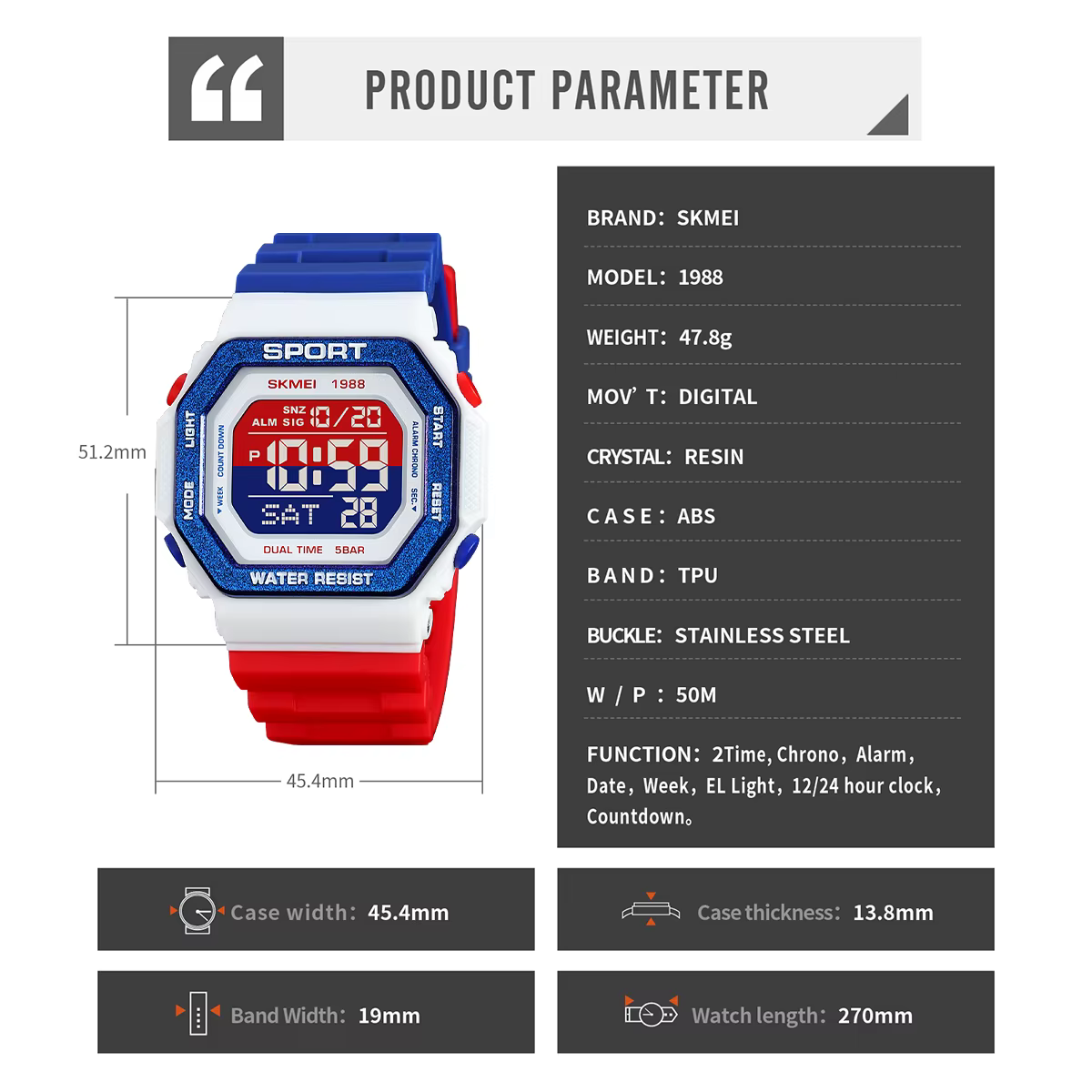 SKMEI mode sport montre numérique pour hommes femmes 5Bar étanche compte à rebours Chrono militaire montre-Bracelet et Bracelet Reloj Hombre