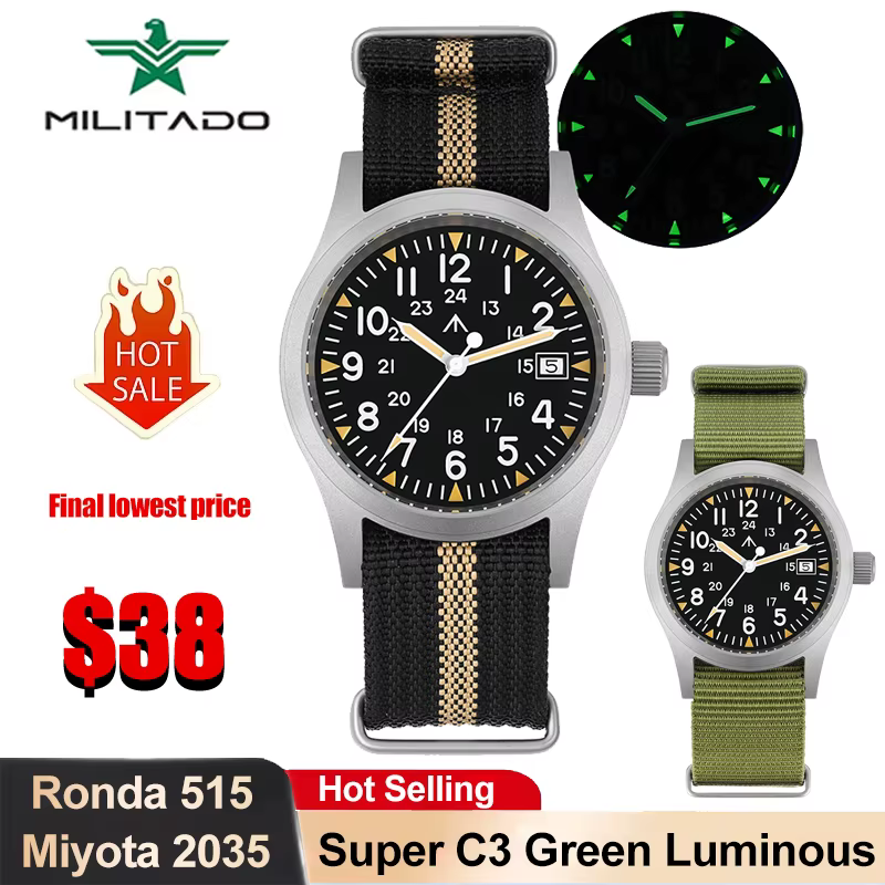 Militado ML05 38mm montre à Quartz mis5 2035/Ronda 515 mouvement montres bombé saphir cristal lumineux 100m