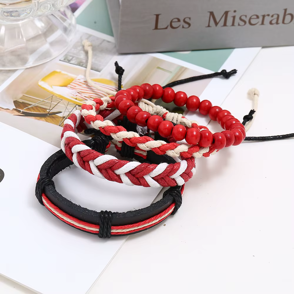 Bracelet classique en cuir tressé rouge pour homme
