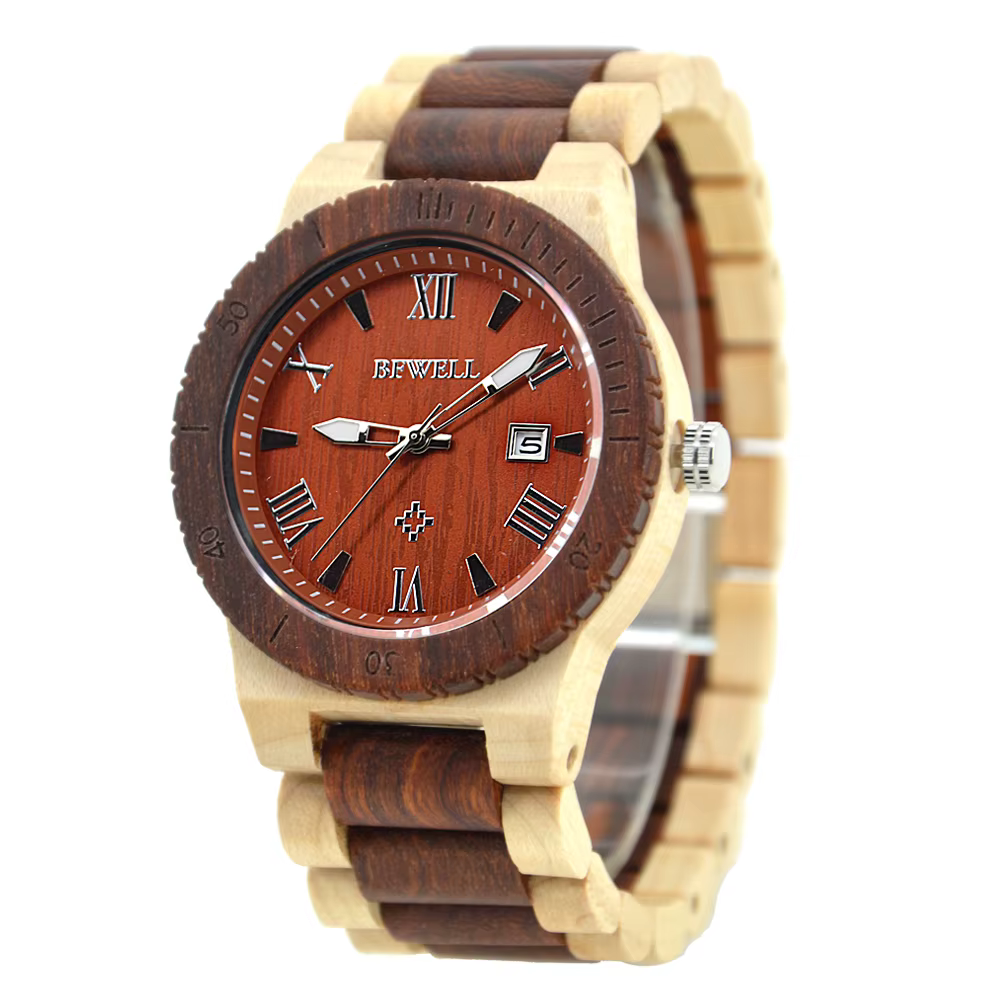 Montre Bracelet Homme en Bois Cadran Rond Faite Main Légère Date Lumineuse Quartz pour Port Quotidien Décontracté