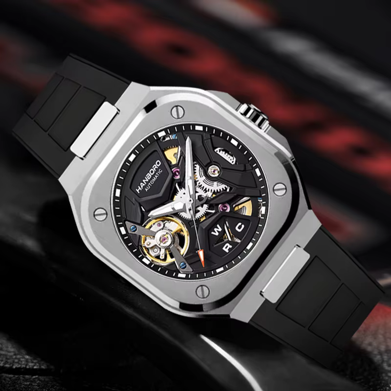 Montre mécanique automatique carrée HANBORO pour homme, montre de mode