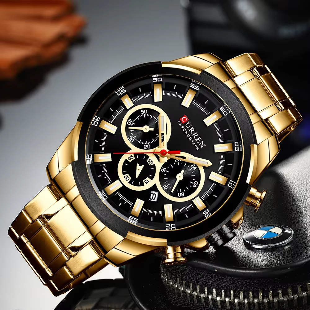 CURREN montre chronographe pour hommes 48mm grand cadran avec bracelet en acier inoxydable triple sous-cadrans montre-bracelet de Sport à Quartz de luxe