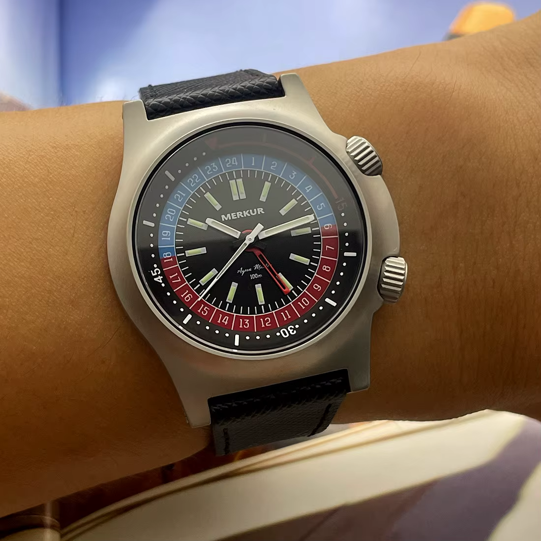 Nouveau Merkur double couronne pilote peau montre de plongée 100m rétro manuel montres mécaniques pour hommes
