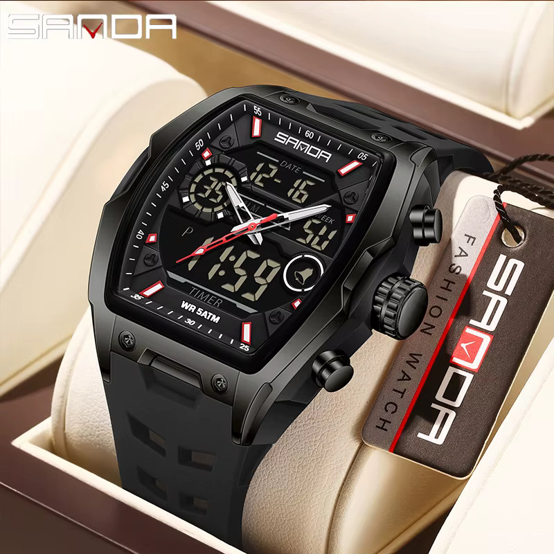 SANDA double affichage montre électronique baril grand cadran sport LED analogique numérique chronographe militaire montre-bracelet relogio masculino