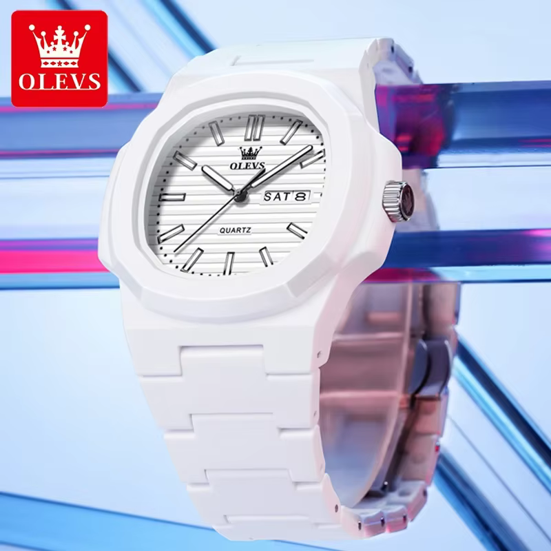 Montre OLEVS tendance pour jeunes, étanche, avec date et jour, lumineuse, unisexe, en résine blanche, montre à quartz pour hommes, montre pour étudiants, reloj hombre