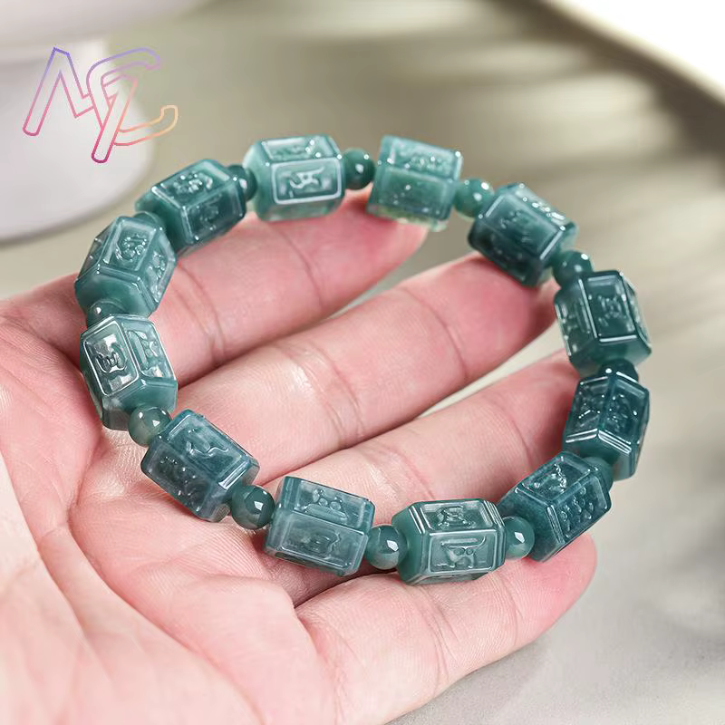 Bracelet en jadéite naturelle du Myanmar de qualité supérieure avec mantra à six syllabes, perles de jade véritable, talisman, cadeau de mode pour femmes