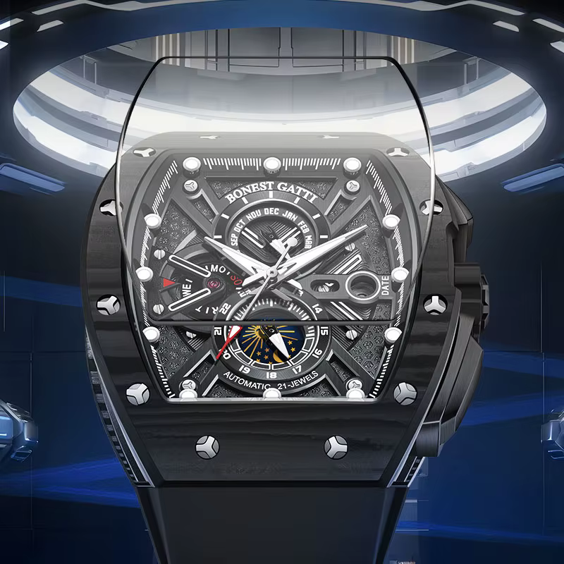 BONEST GATTI 9007 nouvelles montres pour hommes montre mécanique automatique en Fiber de carbone multi-fonctionnelle montre-bracelet à la mode