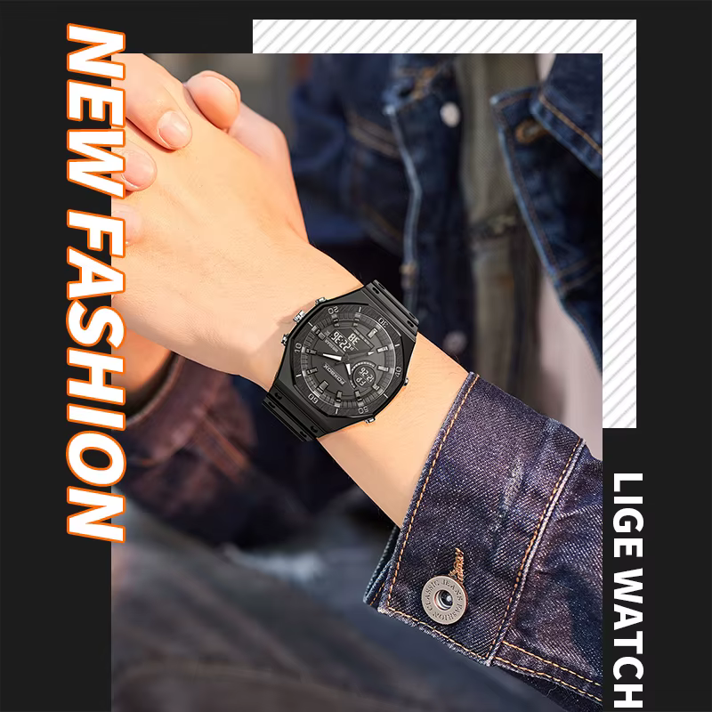 FOXBOX – montre de sport noire à double affichage pour hommes