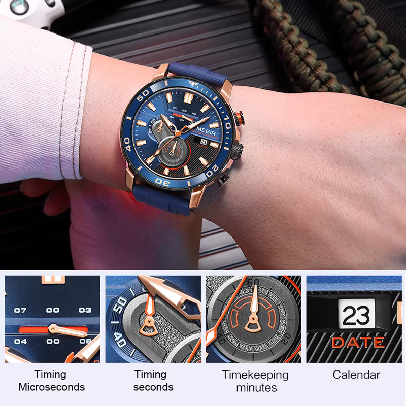 Montre de sport chronographe avec bracelet en silicone orange pour homme