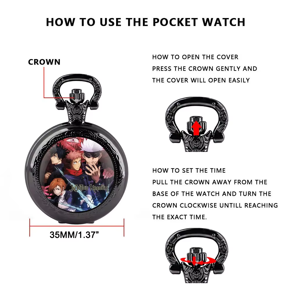 Montre de poche à dôme en verre Jujutsu Kaisen – Noyau à quartz + chaîne durable