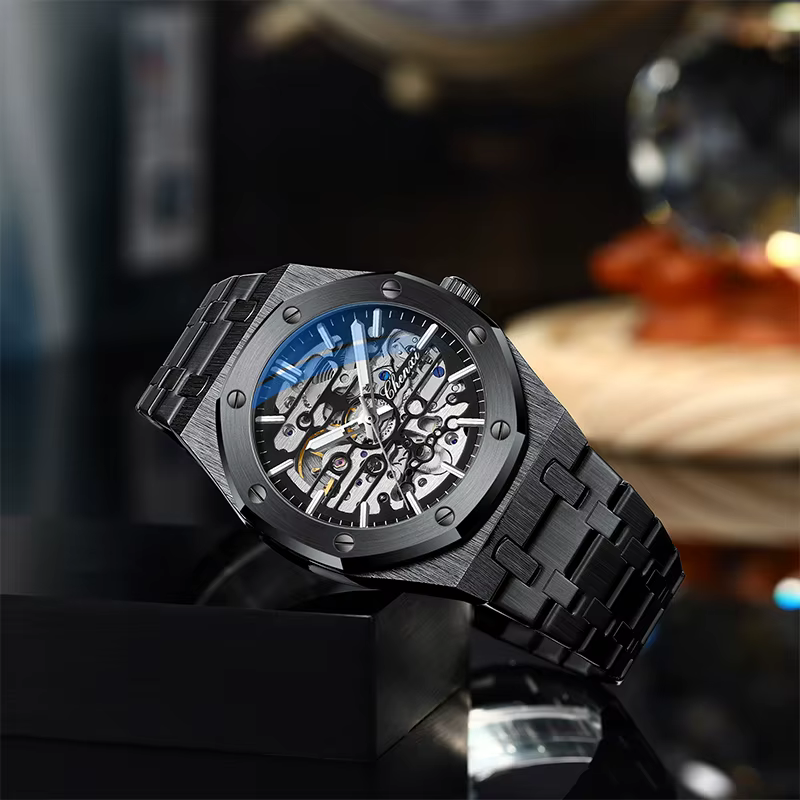 CHENXI haut de gamme évider entièrement automatique montres mécaniques pour hommes argent noir bracelet en acier inoxydable montre pour homme 2025