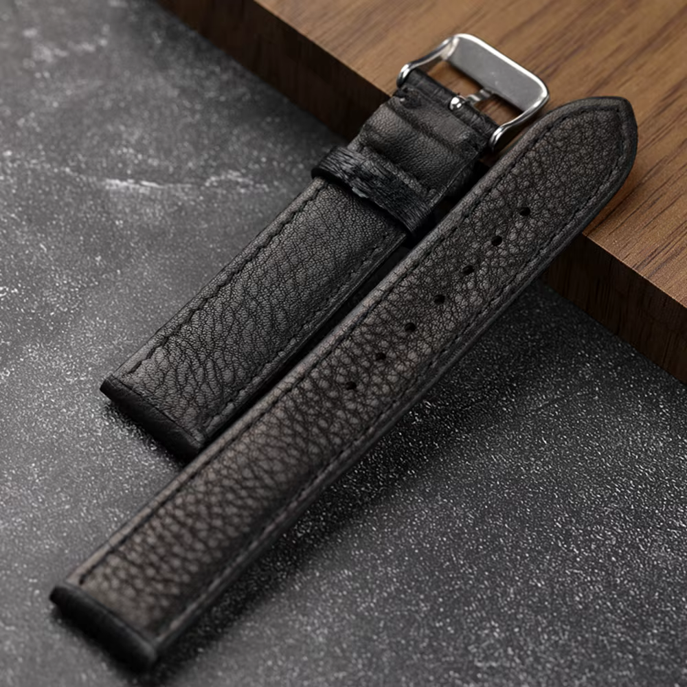Bracelet noir en cuir d'autruche sud-africain fait à la main 18 19 20 21 22MM