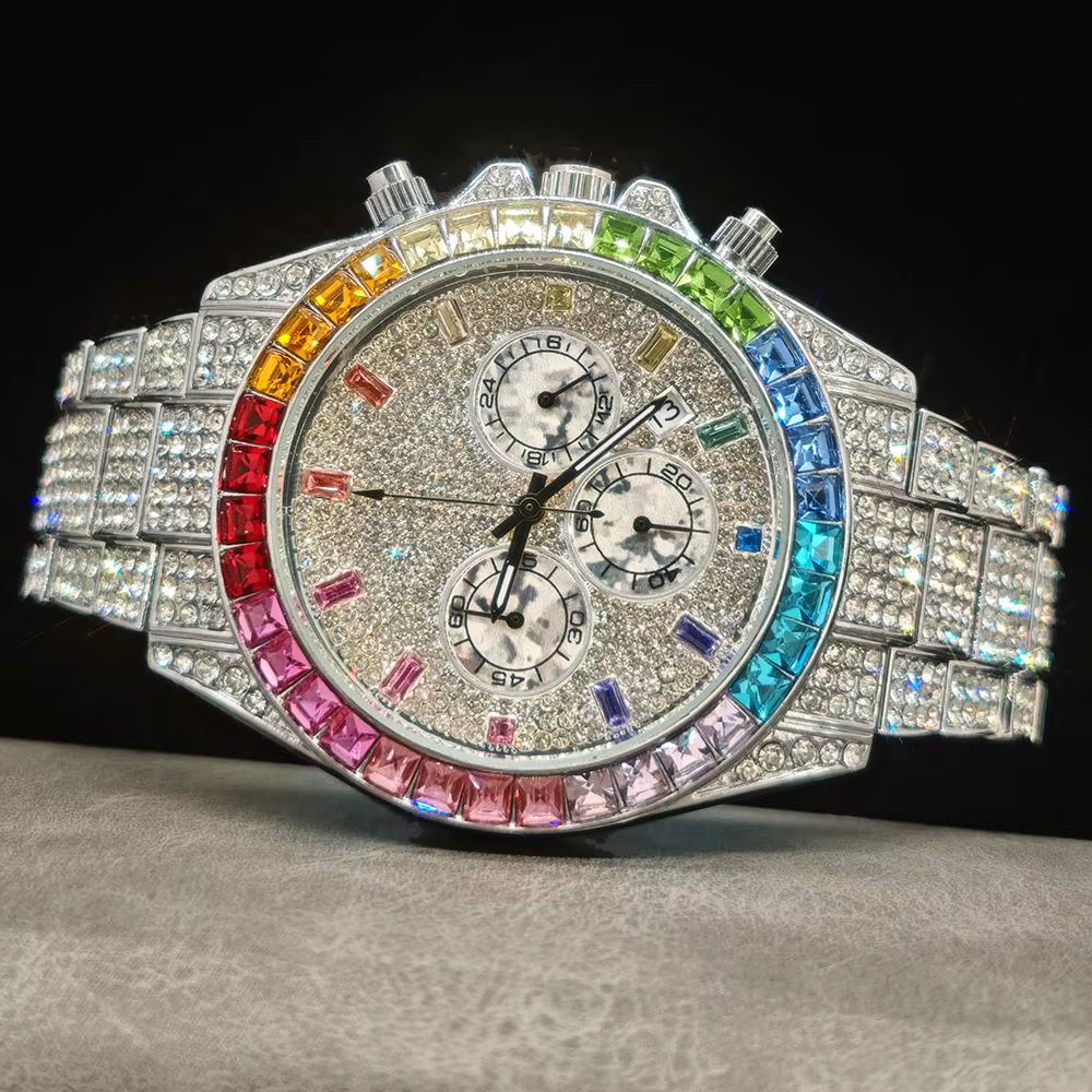 Mode glace montres hommes marque UNIGUET luxe en acier inoxydable Hip Hop arc-en-ciel diamant Quartz montre-bracelet mâle cadeau livraison directe
