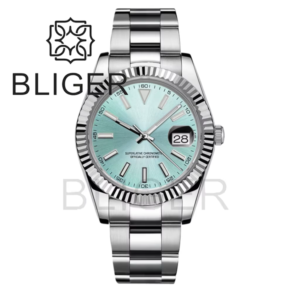 BLIGER 36mm/39mm montre DJ pour hommes lunette cannelée verre saphir étanche en acier inoxydable fermoir Glidelock cadran lumineux Sunburst