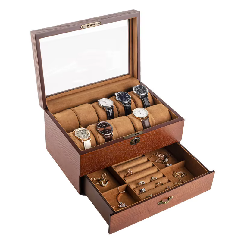 Boîte de montre en bois massif avec anneau de verrouillage