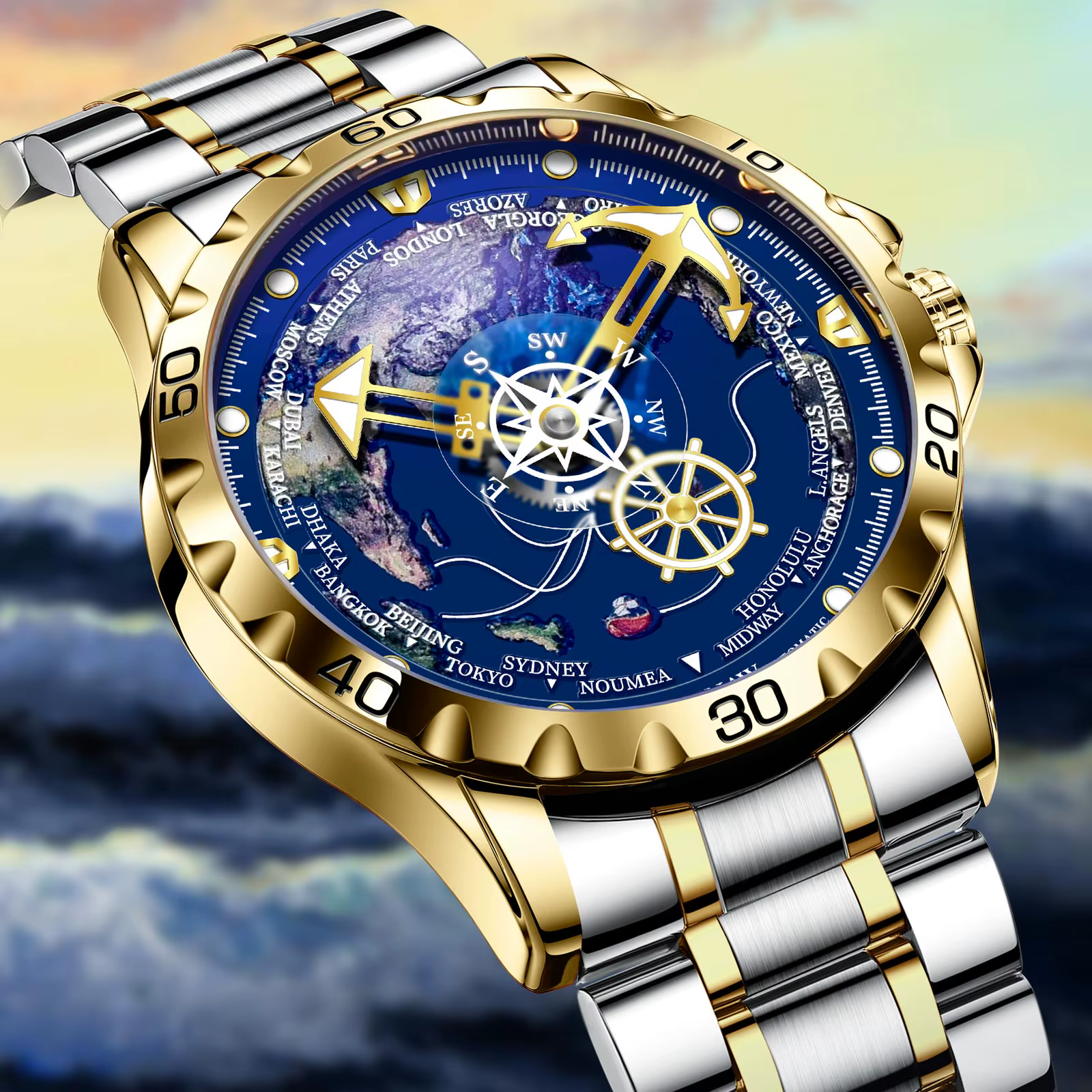 Glenaw Navigator Series Montre mécanique entièrement automatique Globe double couleur or et argent