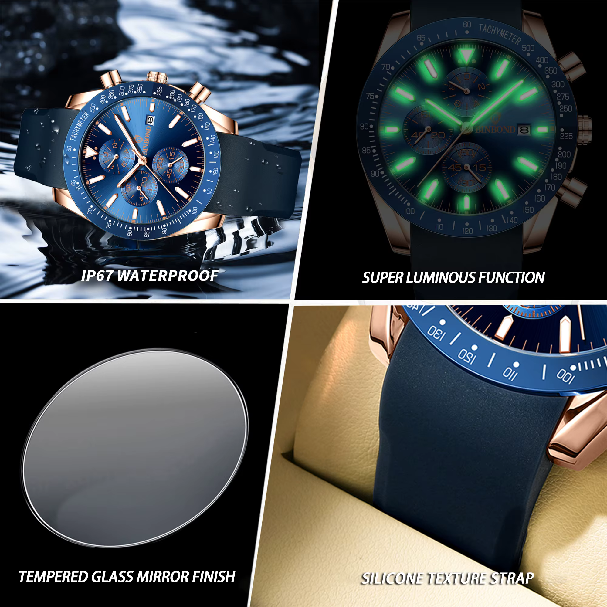 Montre Homme BINBOND Chronographe Automatique avec Date Précise