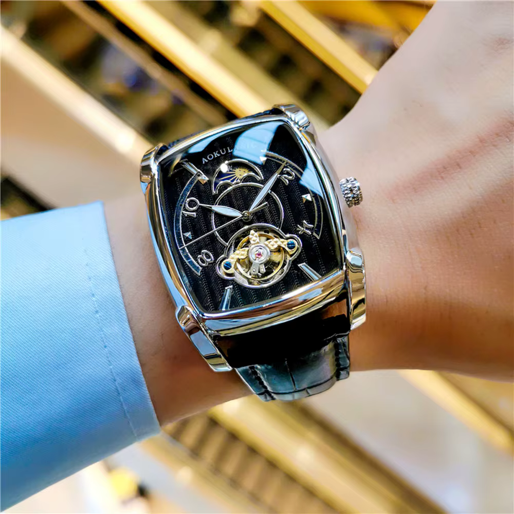 Tonneau Phase de lune montre automatique pour hommes marque de luxe Tourbillon squelette montres mécaniques ceinture en cuir aiguilles lumineuses horloge