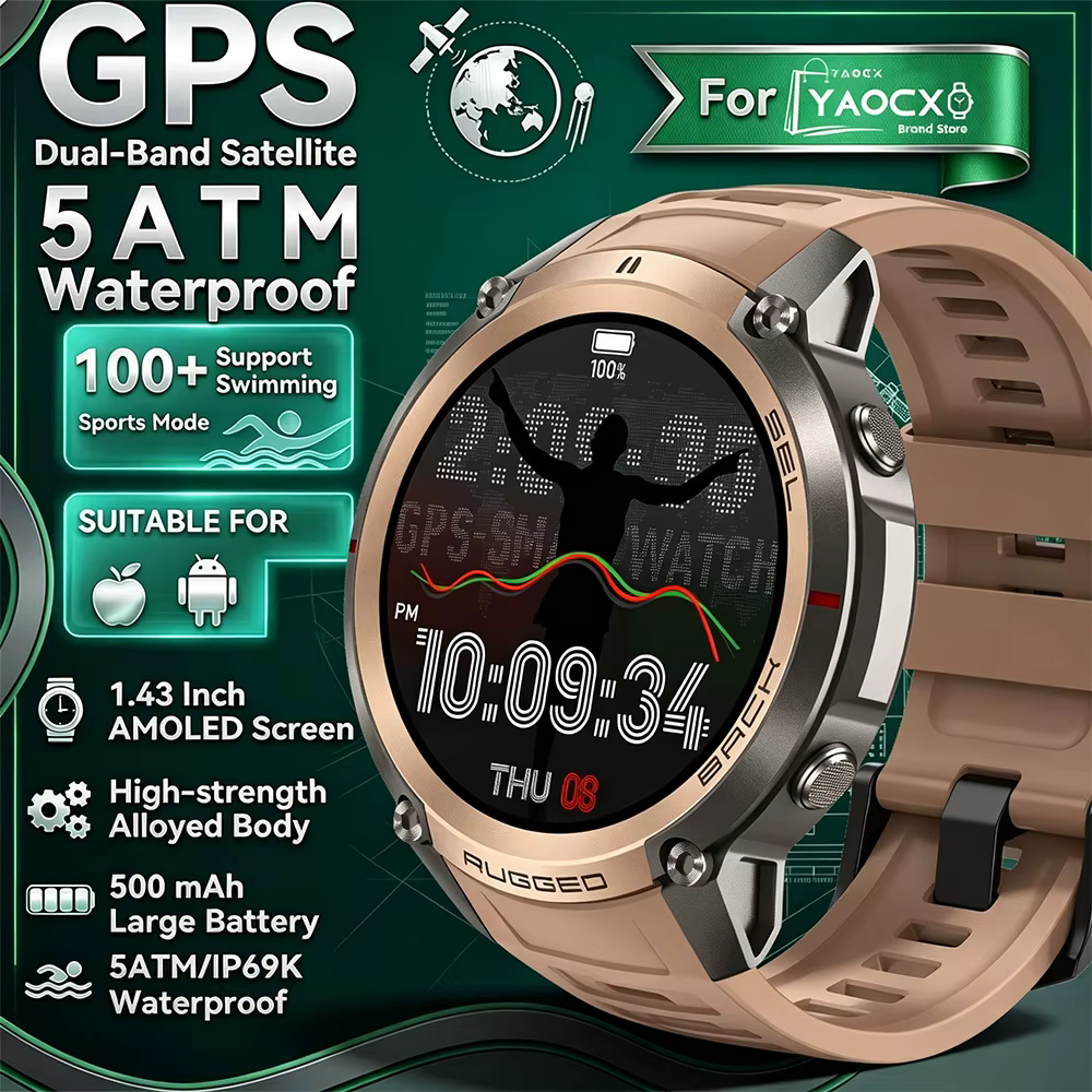Nouvelle Montre Connectée GPS 2026 avec Cartes Hors Ligne, Étanche 5ATM, Plus de 170 Modes Sportifs, Suivi de Santé, Appel Bluetooth, Batterie 500mAh, pour Hommes Militaires