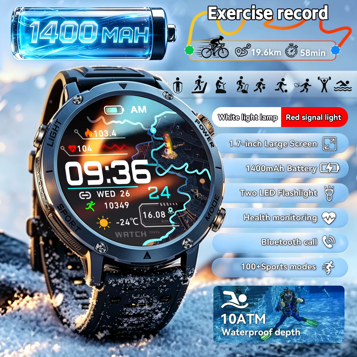 Montre connectée de sport avec batterie 1400mAh