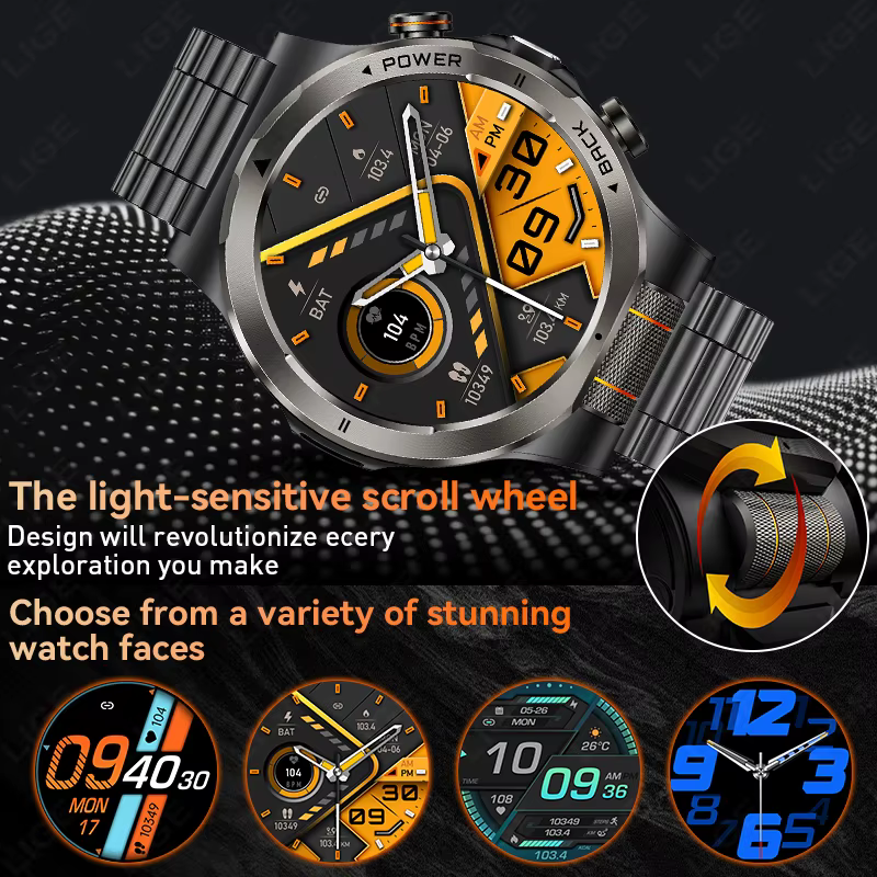Montre connectée militaire LIGE pour homme, batterie 1100 mAh, boussole, lampe de poche, étanche 3 ATM, écran AMOLED 466*466, appels Bluetooth, montres d'extérieur