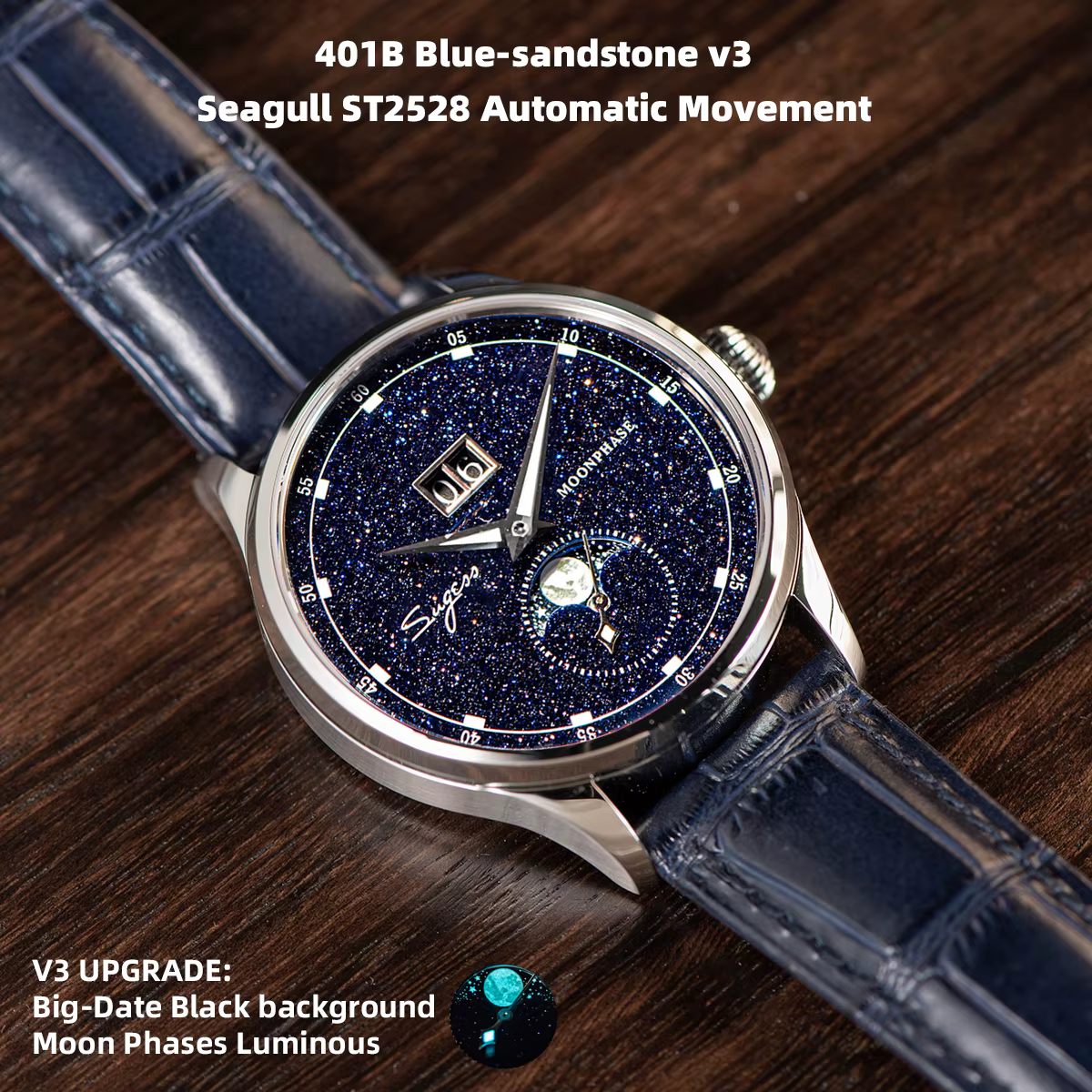 Sugess Moonphase montre pour hommes 40mm montres mécaniques automatiques origine ST2528 mouvement acier inoxydable cadrans en grès bleu