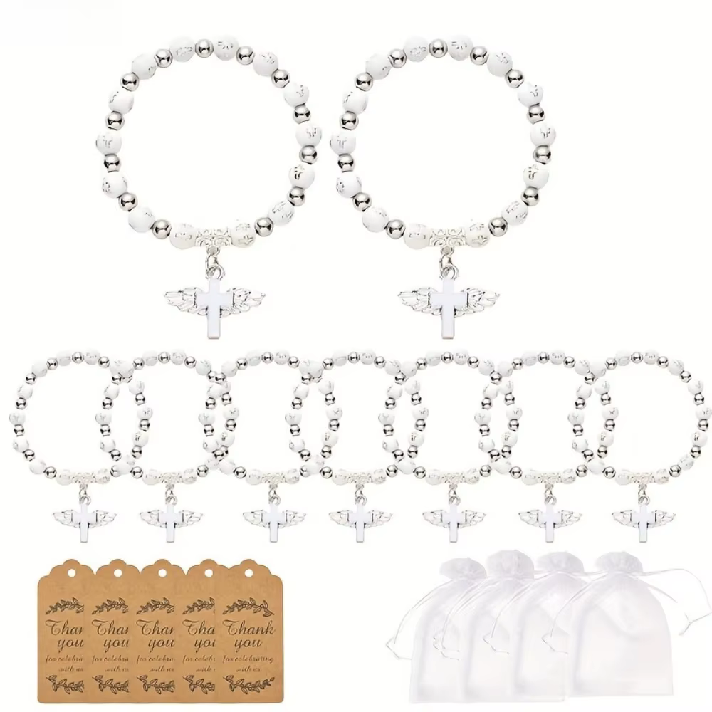 6/12 ensembles de bracelets de baptême en gros, bracelets perlés avec ailes d'ange et croix, avec étiquettes de remerciement et sacs en organza