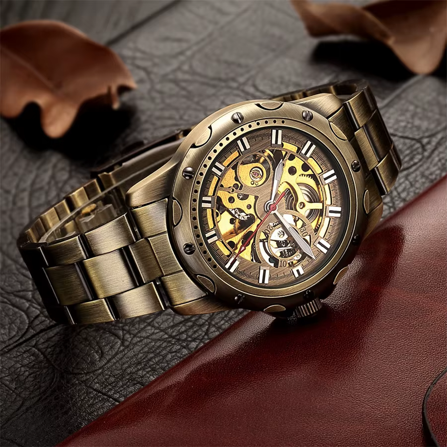 SHENHUA 9536A hommes montre mécanique automatique Bronze squelette décontracté