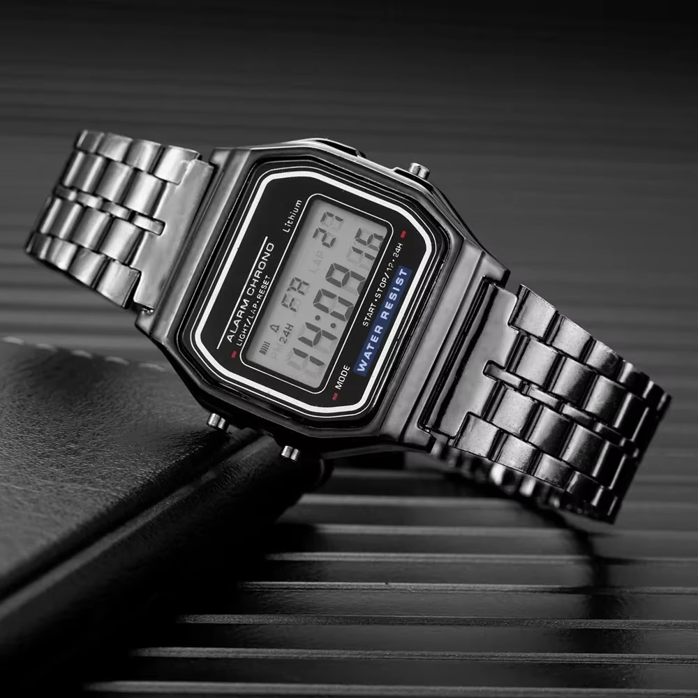 Montres numériques LED en acier inoxydable pour hommes montre électronique de luxe en or argent