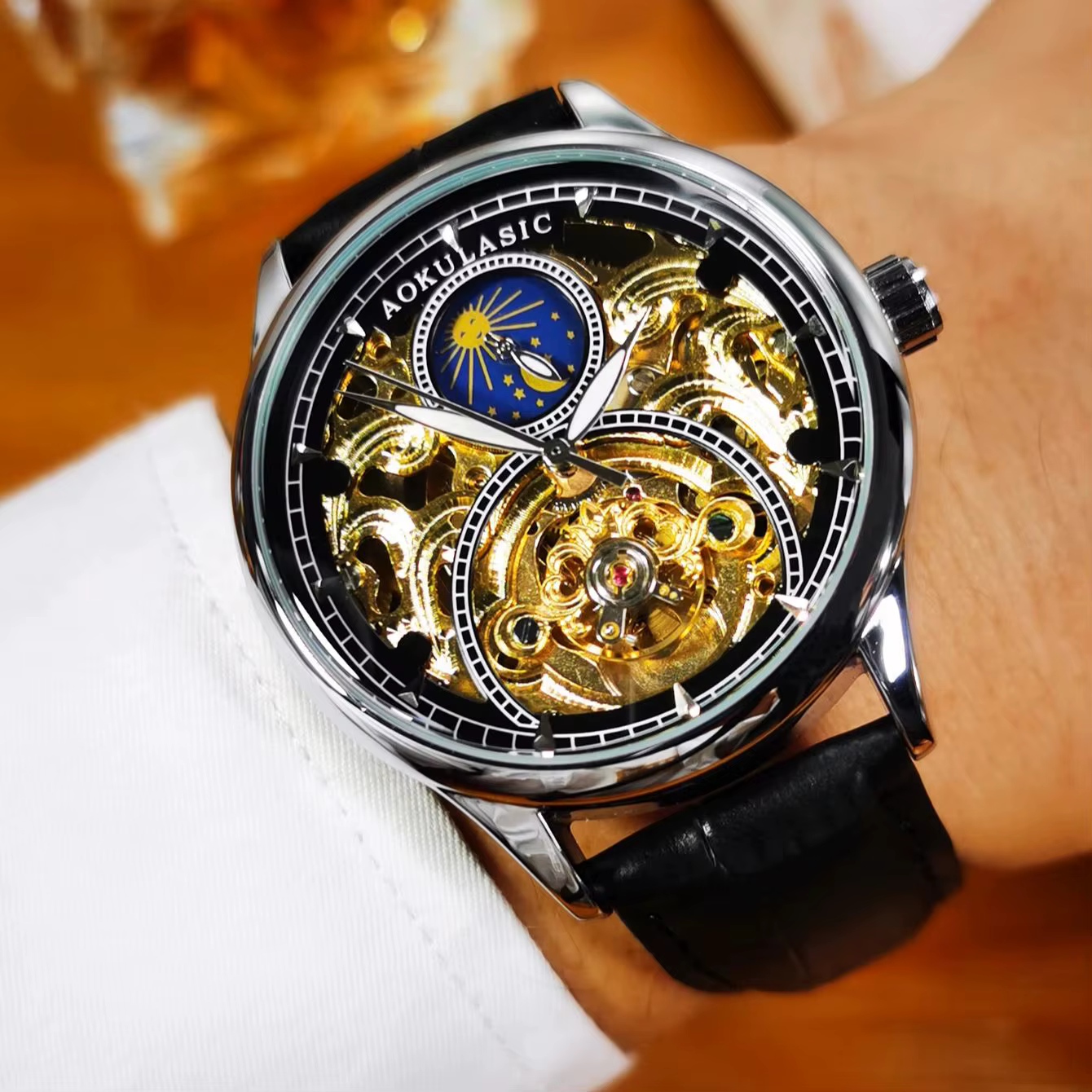 AOKULASIC Tourbillon hommes montres haut de gamme de luxe squelette automatique montre mécanique bracelet en cuir décontracté Phase solaire mâle horloge