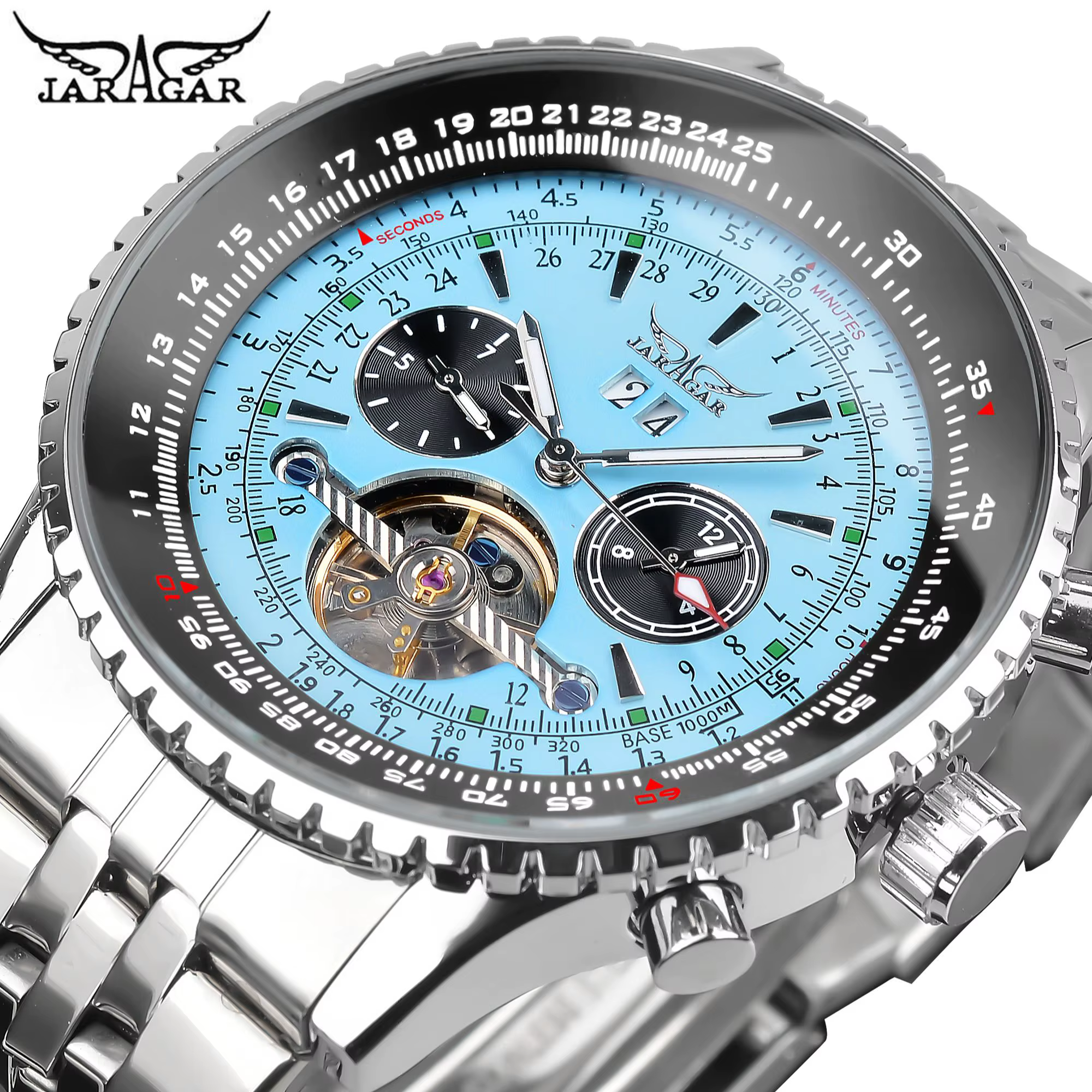 JARAGAR 034 montre à grand cadran pour hommes pilote militaire Date mois affaires multifonction automatique mécanique Tourbillon montre-bracelet