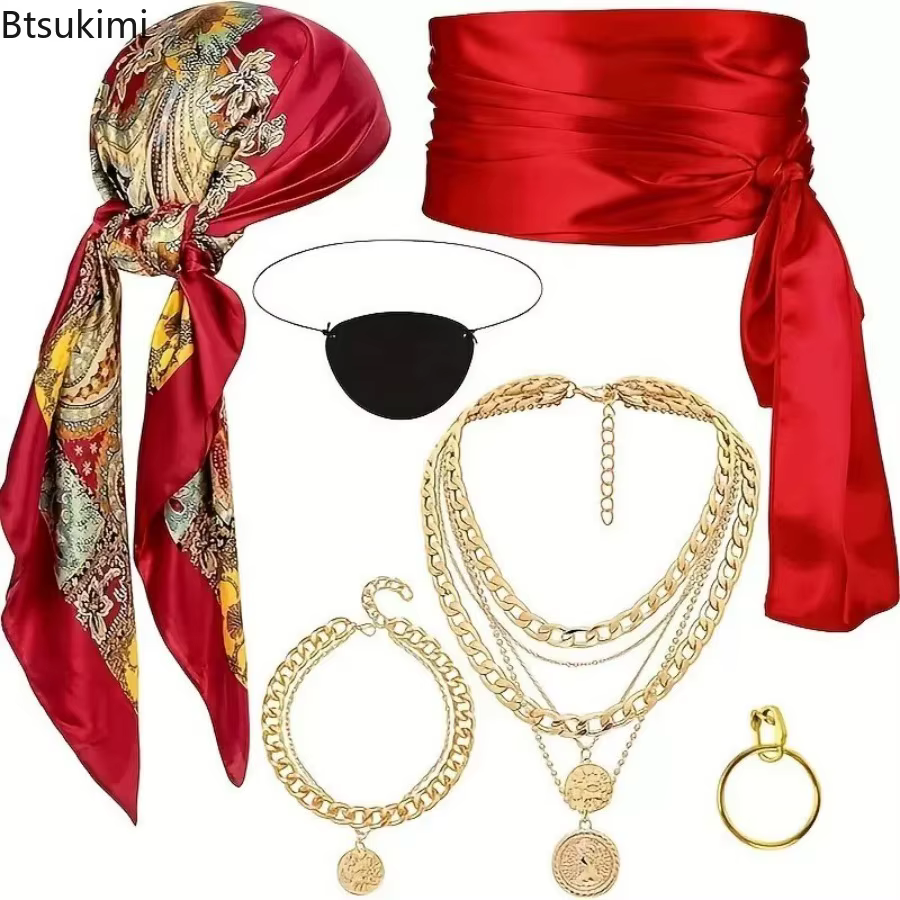 Accessoires de costume de pirate médiéval et de la Renaissance pour femmes et hommes, ensemble vintage de foulard, ceinture, collier et bracelet, tenue de fête d'Halloween