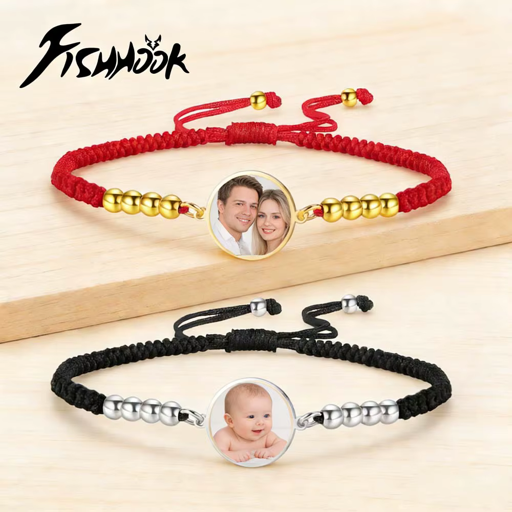 Impression demande Photo Bracelet personnalisé Photo personnalisé mère Couple famille cadeau pour femmes hommes Bracelet corde rouge chaîne bijoux