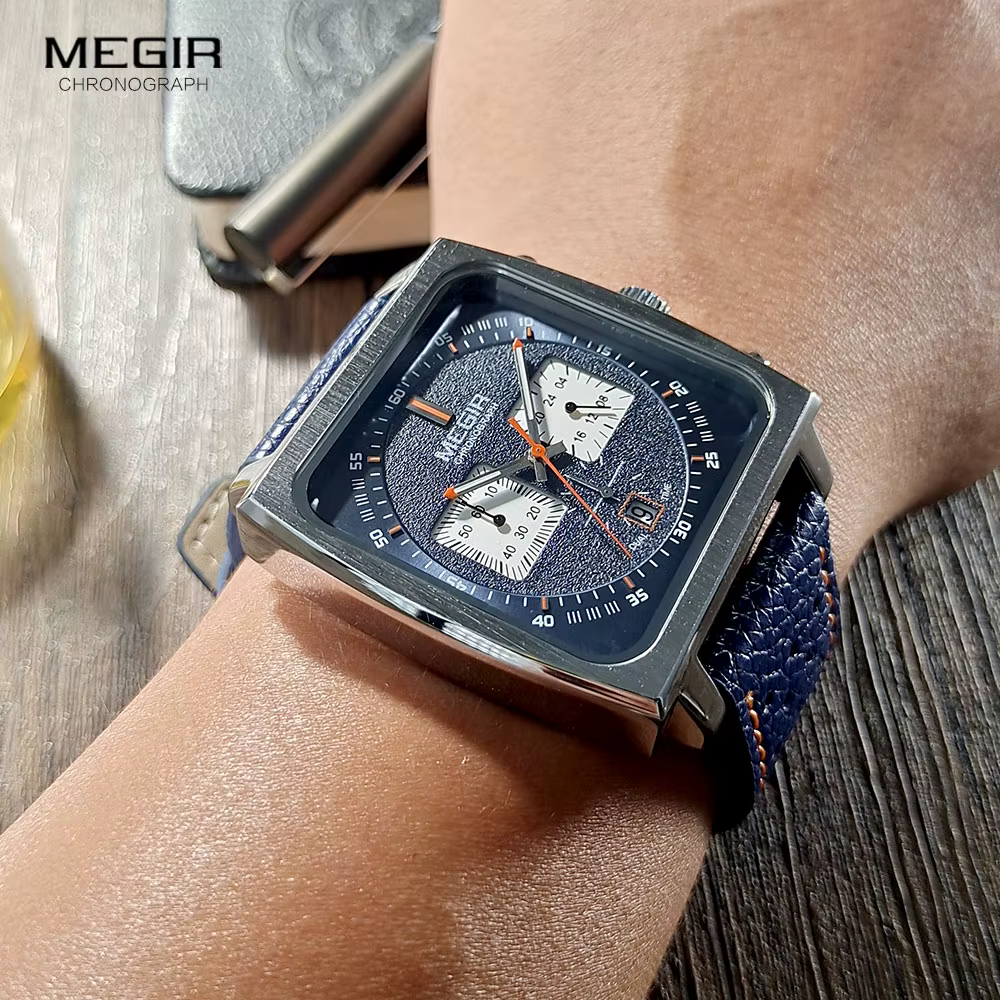 Montre MEGIR à cadran carré bleu pour homme