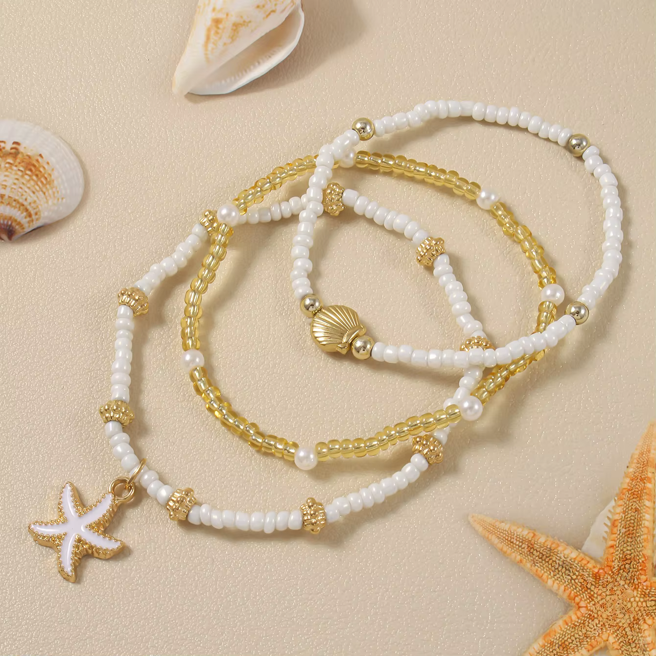 Bracelet en coquillage d'étoile de mer exquis, perles de rocaille faites à la main, plusieurs couches, bijoux pour femmes, fête sur la plage, vacances, été