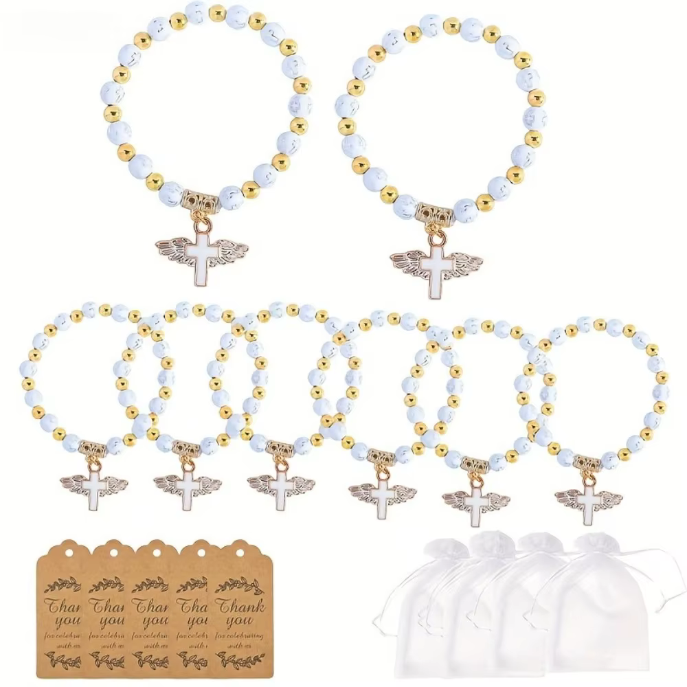 6/12 ensembles de bracelets de baptême en gros, bracelets perlés avec ailes d'ange et croix, avec étiquettes de remerciement et sacs en organza